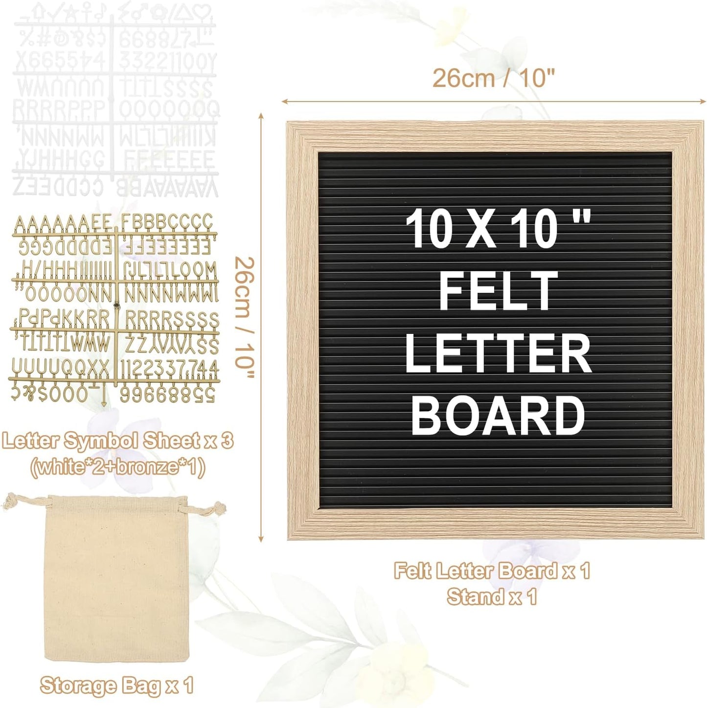 PATIKIL Felt Letter Board, 10x10Inches Black Brown Wooden Changeable Message Board with Storage Bag Stand for Kitchen Menu Classroom Farmhouse Decor Notes, White Bronze Letter