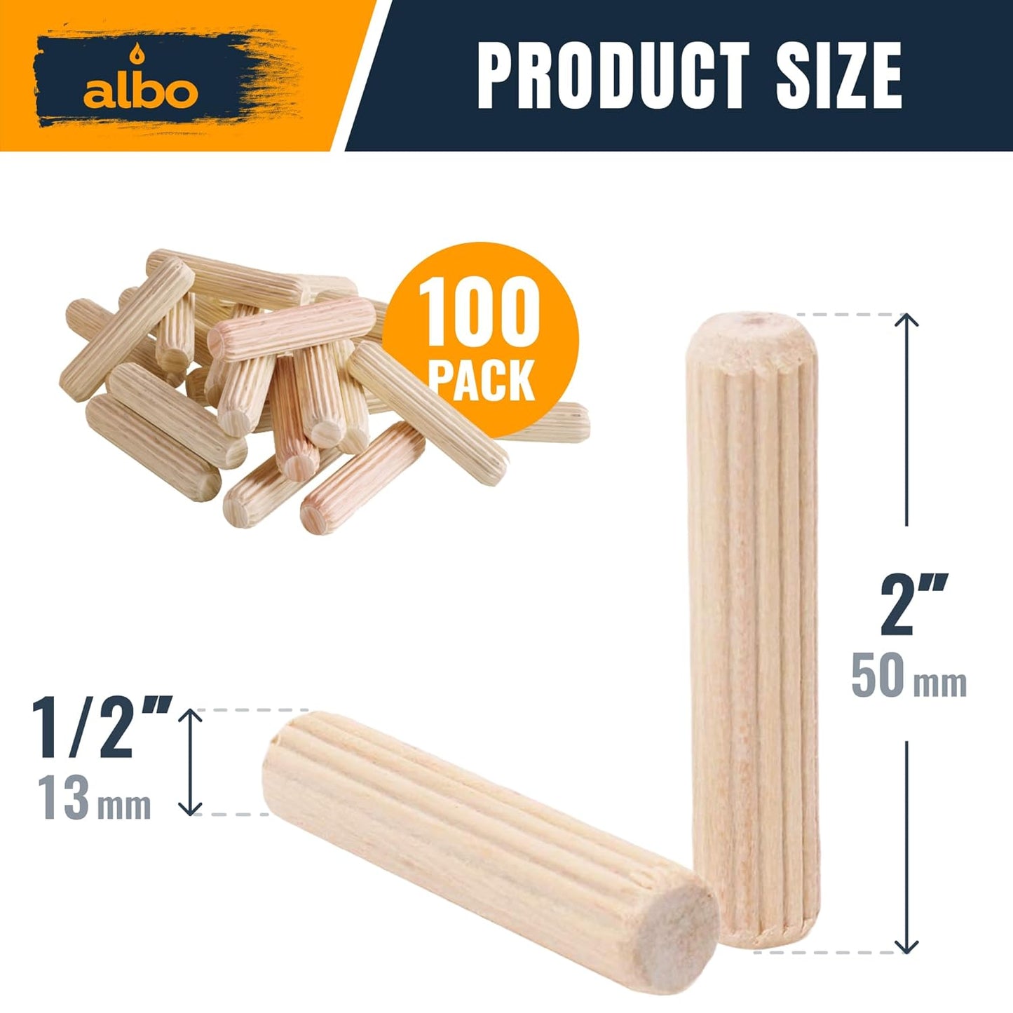 ALBO Wooden Dowel Pins 1/2 x 2 inch Fluted Wood Dowels Rods 100 Pack Hardwood Crafts Dowel Pegs