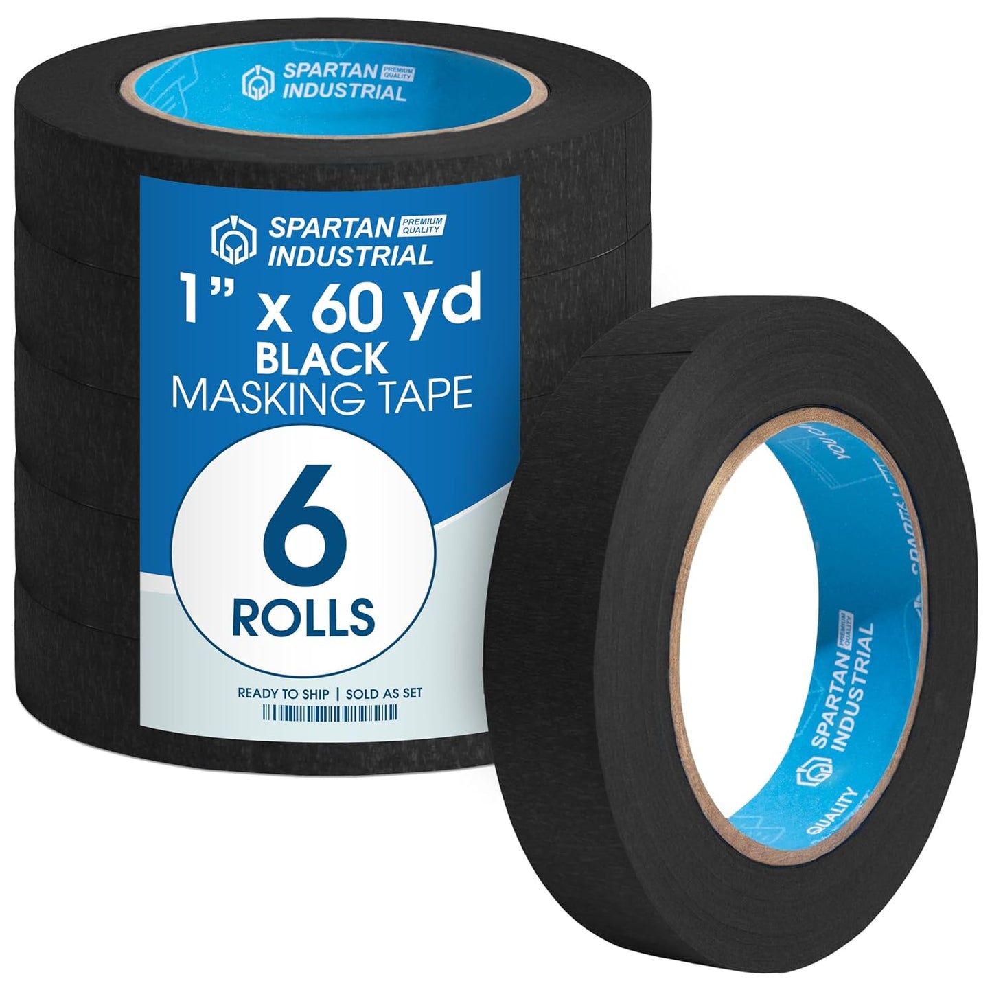 Spartan Industrial - 1" X 60 yd Black Tape - 6 Colored Masking Tape Rolls for Home, Office, School Use - No Residue, 5.5 Mil