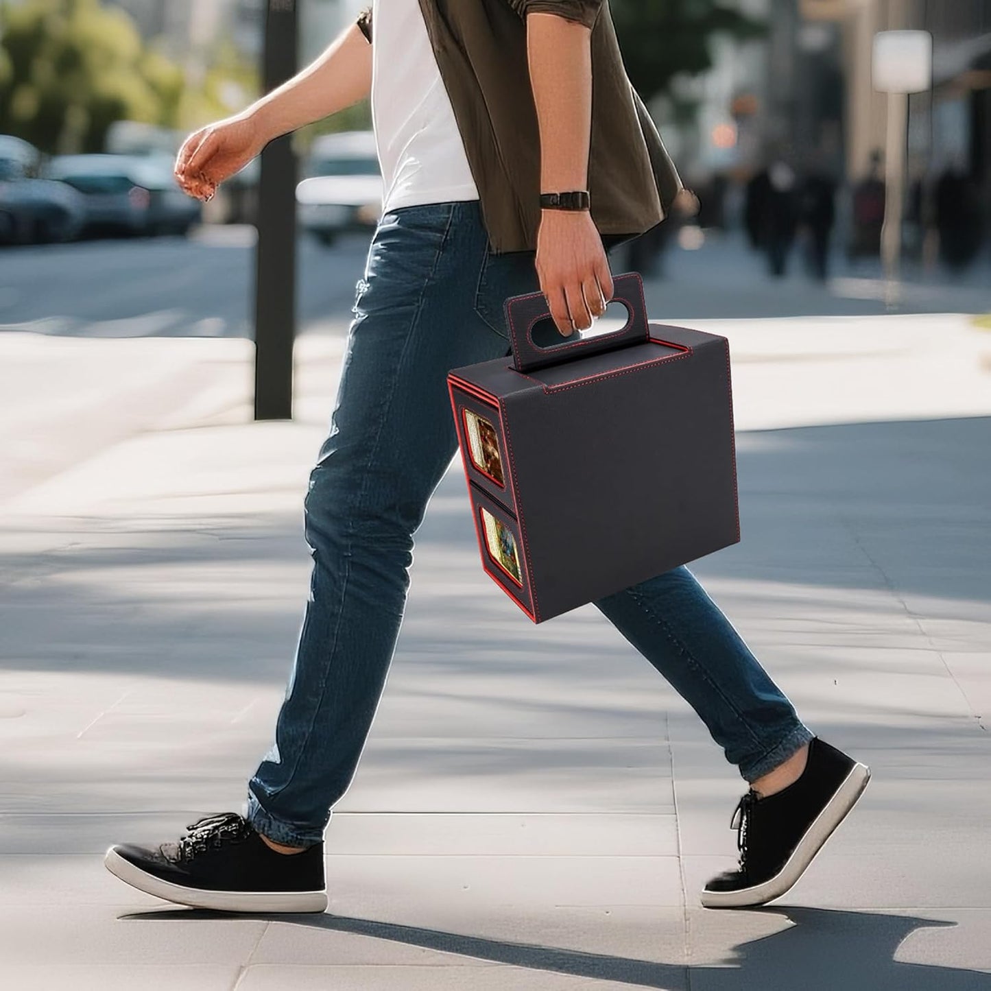 AFIING Commander Deck Box for MTG/EDH, Trading Card Storage Fits 400+ Double-Sleeved Cards, Display Window, 4 Removable Deck Cases, 8 Dividers, Dice Tray & Handle, 4 Toploader Holders (Black Red)