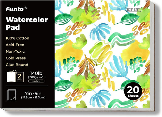 Funto Watercolor Pads, 100% Cotton, 20 Sheets, 7X 5, 140lb/300gsm, Glue Bound, Double-Sided, Easy Tear Heavyweight Art Paper for Painting