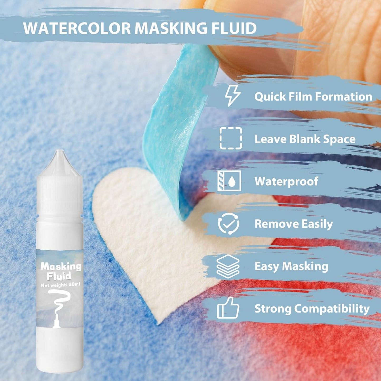 Blue Masking Fluid for Watercolor Painting 30ml, Resistant Ink and Pouring Paint, Watercolor Masking Fluid Keeps Areas Colorless and Edges Sharp