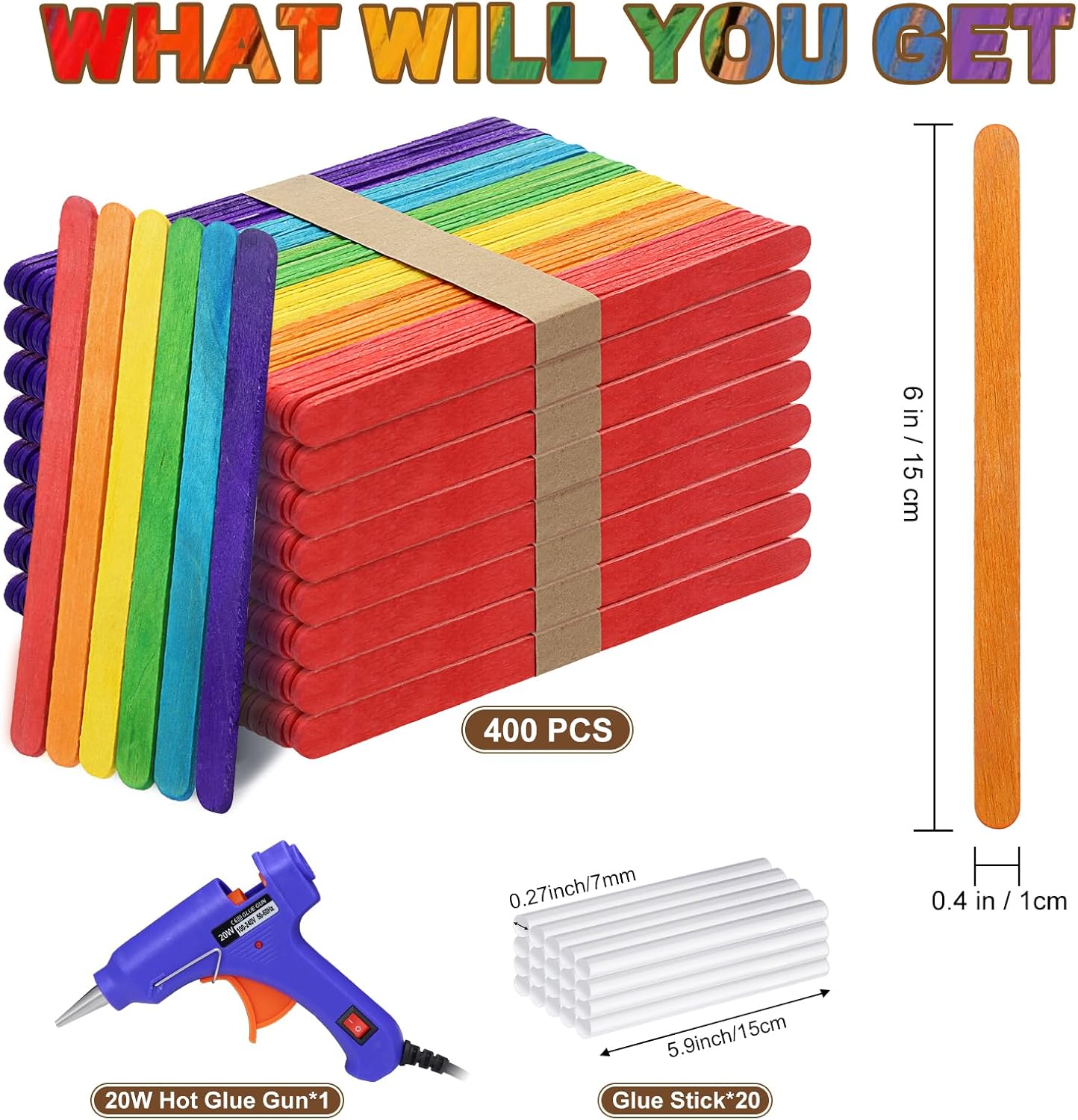 6 inch Colored Wooden Sticks Kits, 400PCS Colorful Rainbow Sticks with Hot Glue Gun and Sticks for Craft Home Popsicle Decoration Project Building Model Kid Classroom Art Craft Supplies