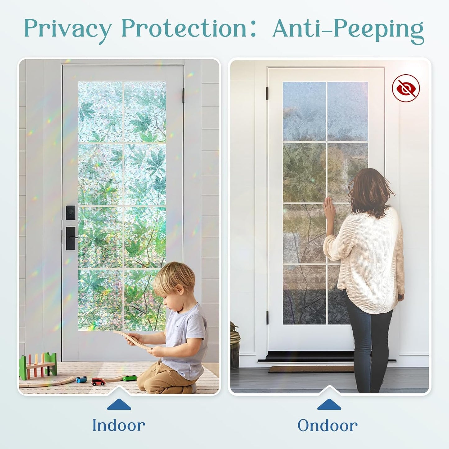 Haton Window Privacy Film, Decorative Stained Glass Window Clings, 3D UV Sun Blocking Sticker, Removable Static Cling Heat Control Tint for Home Door, Leaf Rainbow, 35.4" x 157.4" Non-Adhesive