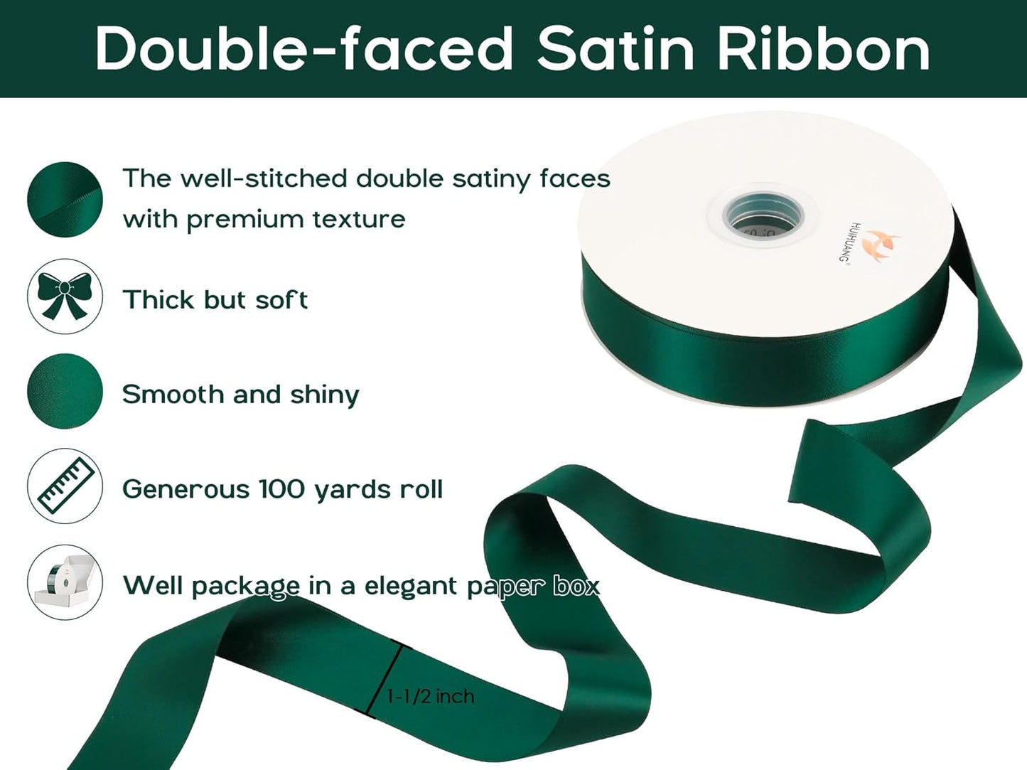 HUIHUANG Green Satin Ribbon 1-1/2 inch x 100 Yards Dark Green Double-Faced Satin Ribbon for Christmas Gift Wrapping, Flower Bouquet, DIY Crafts, Bows, Wedding Decoration