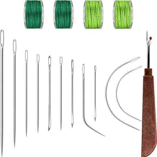 VONEEDL Heavy Duty Sewing Needles (11 PCS) & Waxed Thread (4 Green Colors) - Upholstery Repair Kit for Leather, Canvas, Quilting & More