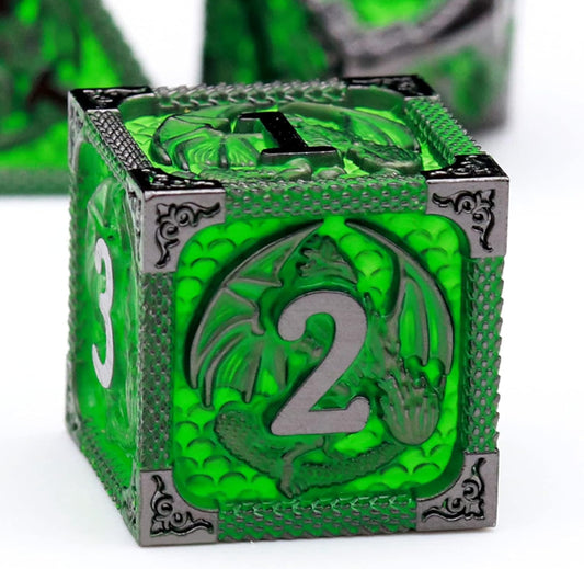 Haxtec Metal Dice Set Green Black Dragon Pattern Metal DND Dice with Leather Dice Bag Polyhedral D&D Dice Compatible with Dungeons and Dragons TTRPG Gifts