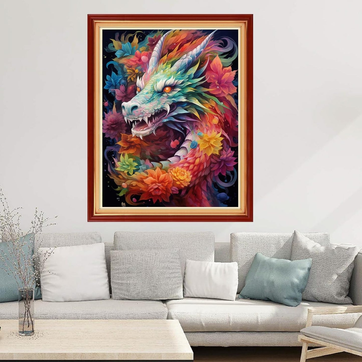 Joyhoor Cross Stitch Kits for Beginners Stamped Cross-Stitch Supplies Needlework preprint Embroidery Kits for Adults DIY Needlepoint Kits Embroidery Patterns 11CT-Colored Dragon Flower 16x20 inchs