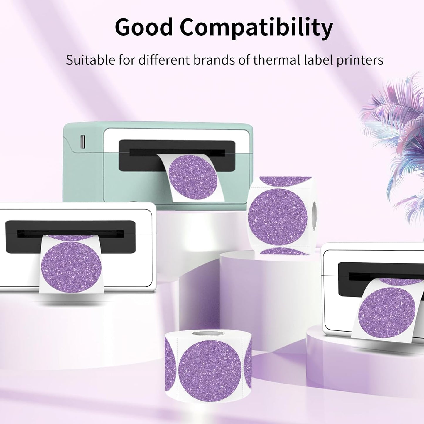 2" Holographic Thermal Label Stickers, Round Direct Thermal Label Stickers, Glitter Thermal Printer Sticker Labels for Gift Wrapping, Perforation Line Design- Glitter Purple