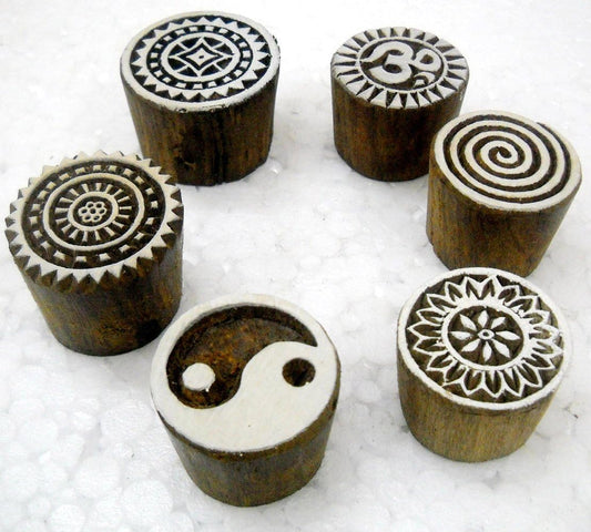 Wholesale Pack of Six Round Shaped Wooden Block Stamps/Tattoo/Indian Textile Printing Blocks
