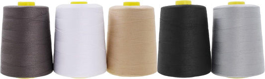 Mandala Crafts 5 Pack of Serger Threads Cones Spools - 20S/2 30000 Yards Polyester Assorted Neutral Colors Threads for Sergers Machine and Overlock Quilting Sewing Machine