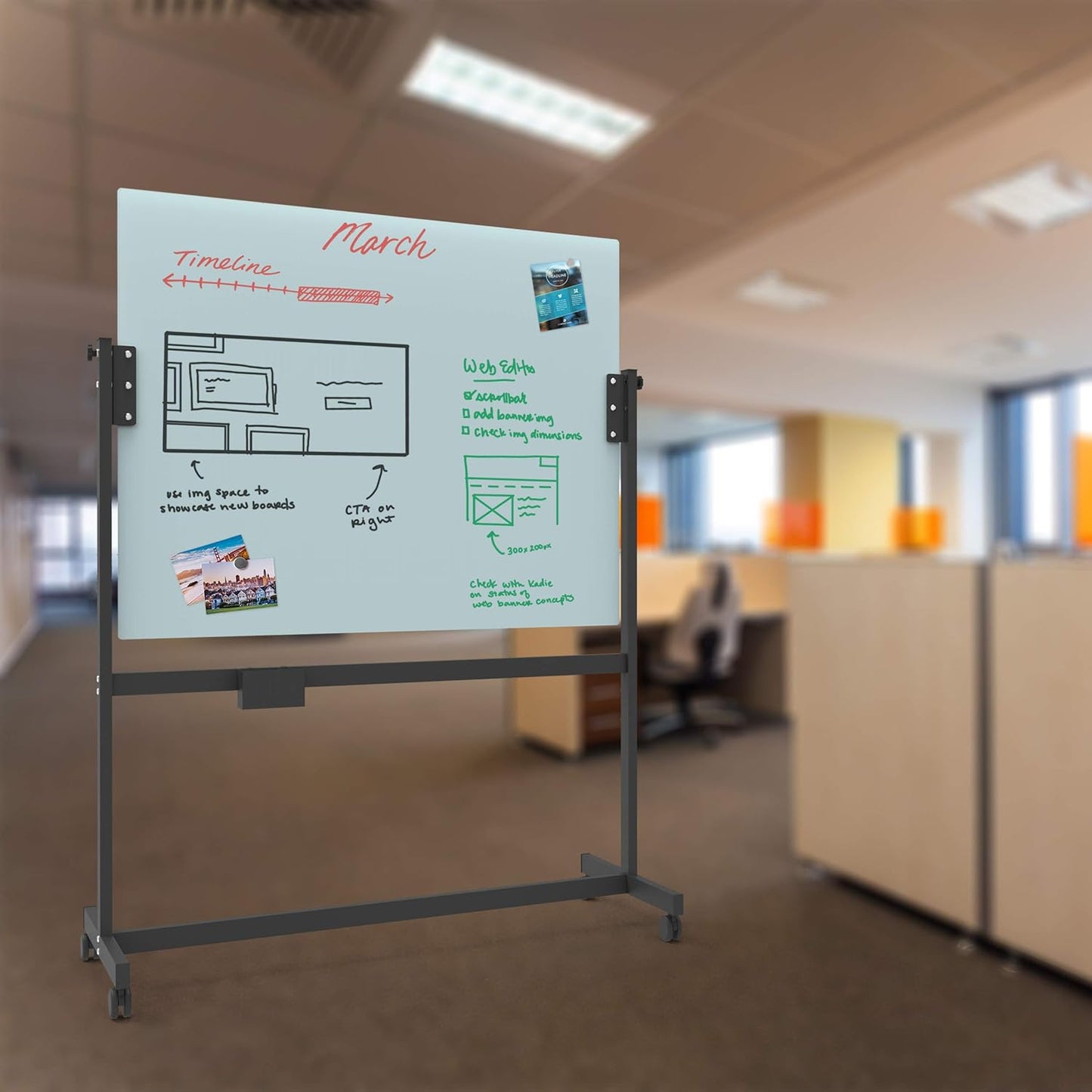 U Brands Magnetic Glass Dry-Erase Board Rolling Easel, 49" X 41" Inches, White Frosted Surface