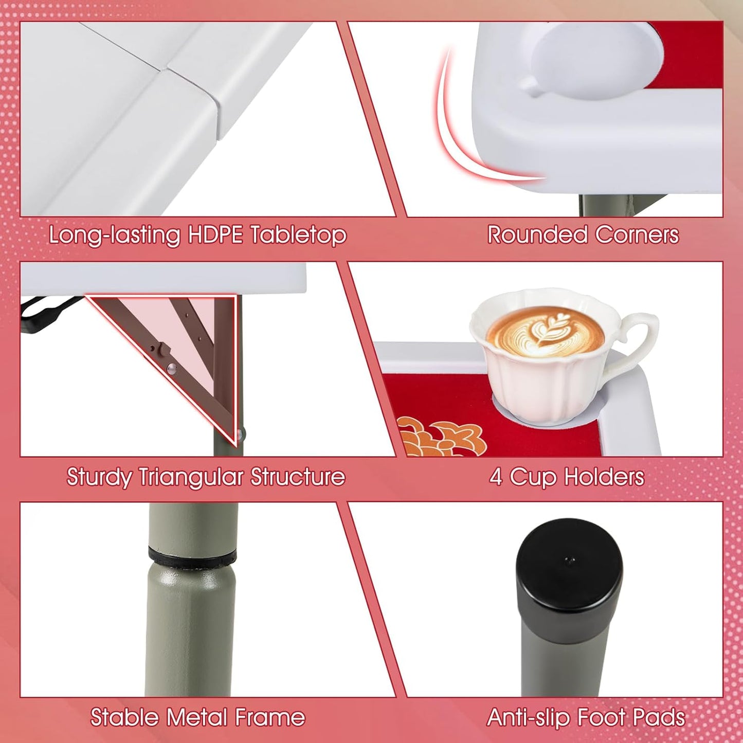 Giantex Folding Mahjong Table, 35" Square Card Table with Cup Holders, Removable Noise Reduction Mat, HDPE Tabletop, 4-Player Portable Domino Tables for Poker Blackjack Board Game (Red)