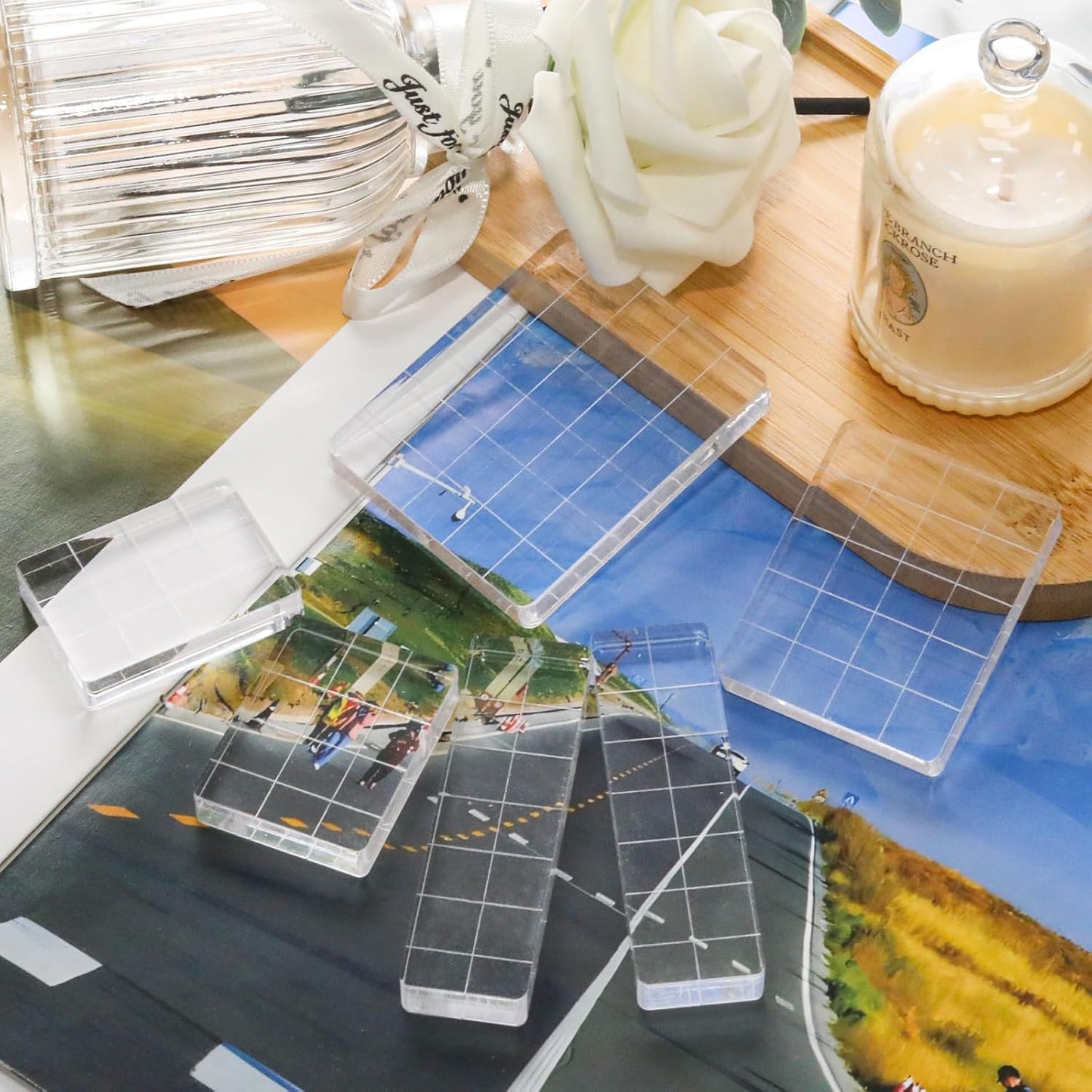 Pine & Linen 6 Pack Clear Stamp Blocks, Acrylic Tools Grid Lines Set, Scrapbooking Crafts for DIY Crafts/Scrapbooking/Card Making/Ornaments/Stamping Projects(Style-1)