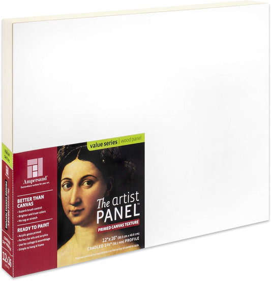 Ampersand Art Supply Wood Gesso Art Painting Panel: Canvas Texture, 1.5 Inch Cradle, 12" x 16"