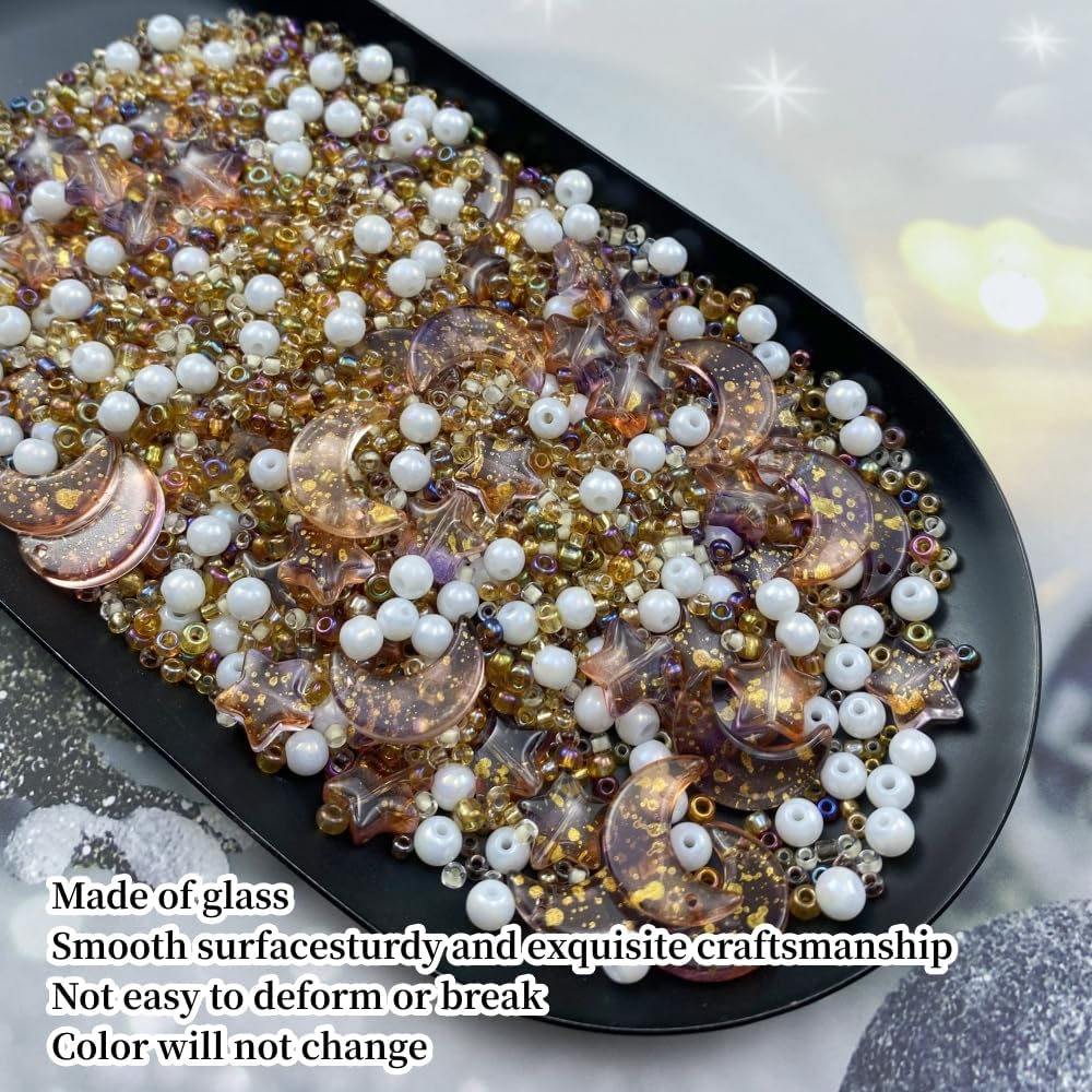 Assorted Glass Beads for Jewelry Making Multi Size Colors Glass Star Moon Seed Pearl Spacer Beads for Bracelets Necklace Earring Making(White Brown)