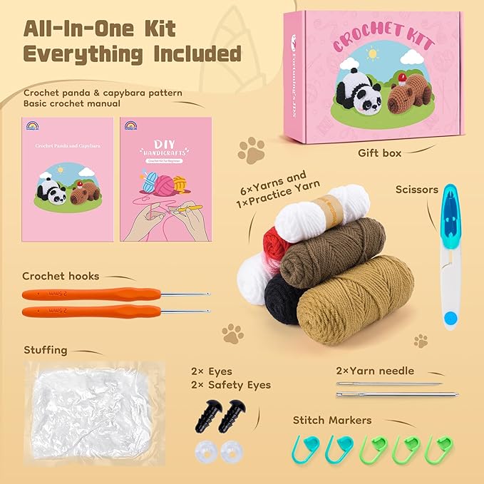 Fortuning's JDS Crochet Kit for Beginners, Panda & Capybara Crochet Animal Kits, Easy Crochet Kit for Adults and Kids, Complete DIY Craft Knitting Kit w/Step-by-Step Video Tutorials Christmas Gifts