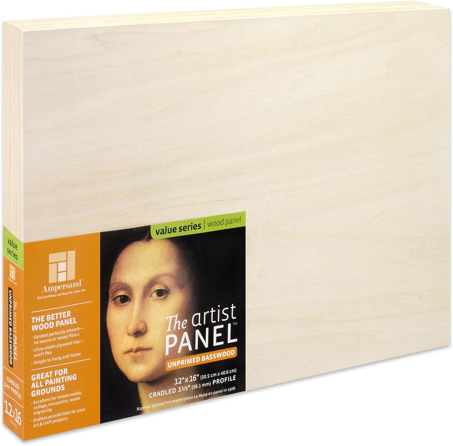 Ampersand Art Supply Unprimed Basswood Artist Panel, 1-1/2" Cradled Profile, 12"x16"