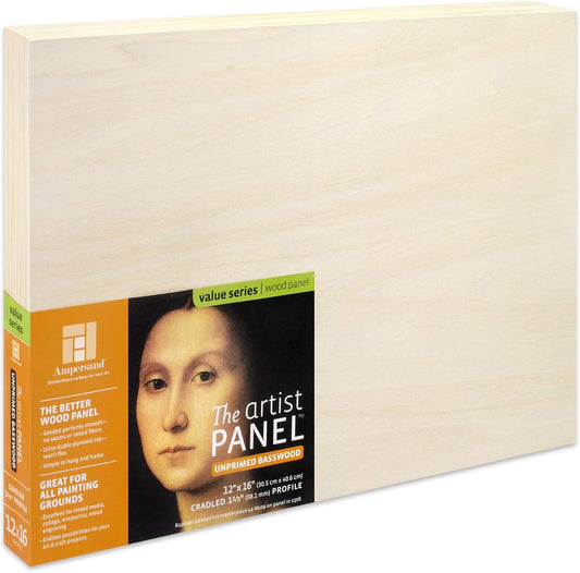 Ampersand Art Supply Unprimed Basswood Artist Panel, 1-1/2" Cradled Profile, 12"x16"
