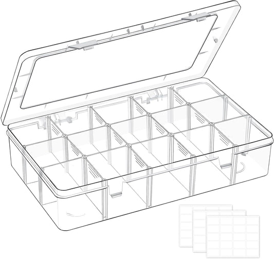 15 Grids Large Plastic Organizer Box with Adjustable Dividers, Clear Craft Organizer and Storage Tackle Box Compartment Container with Label Stickers for Beads, Jewelries, Tools