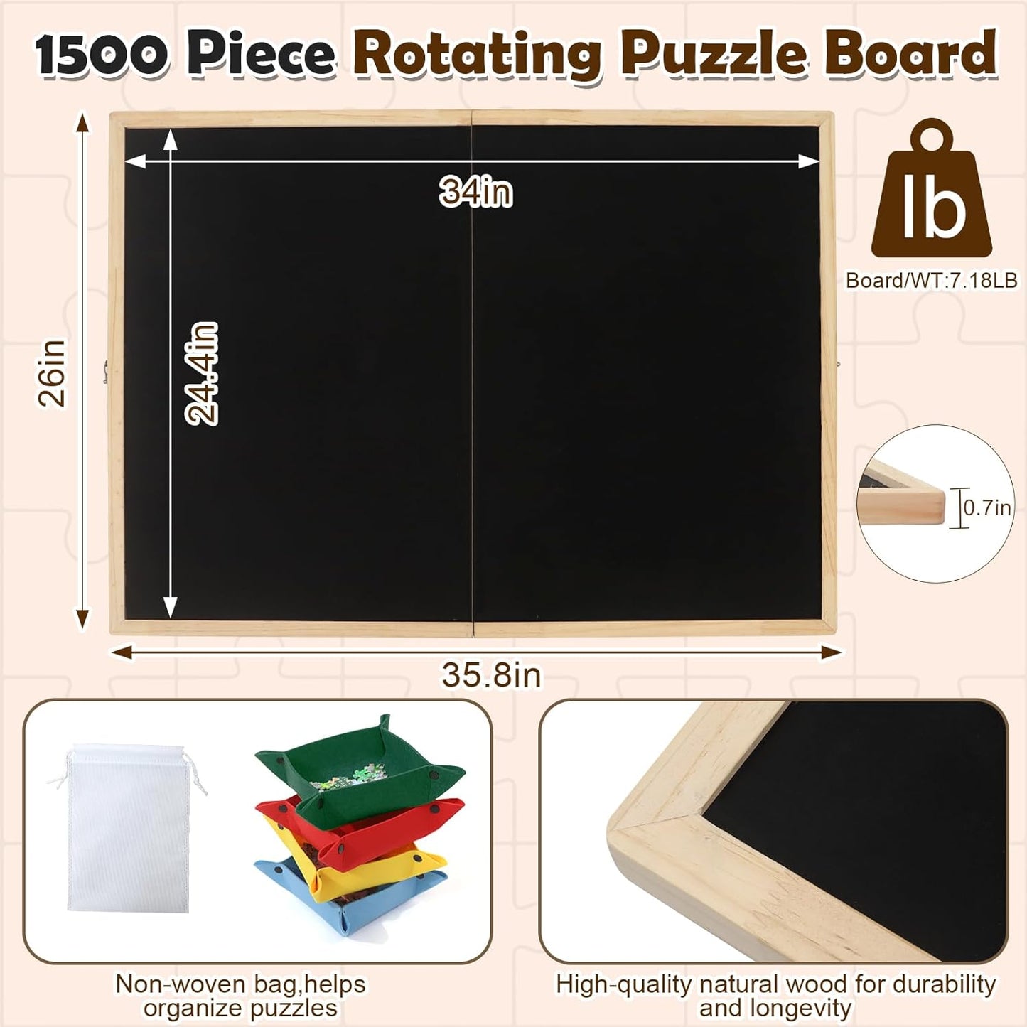 Ancaixin Foldable Puzzle Board 1500 Pieces, Rotating & Tilting Jigsaw Puzzle Board with 4 Non-Woven Drawers, 26x35.8'' Wooden Puzzle Table, Portable Board GameTable for Adults, Birthday Gift for Mom