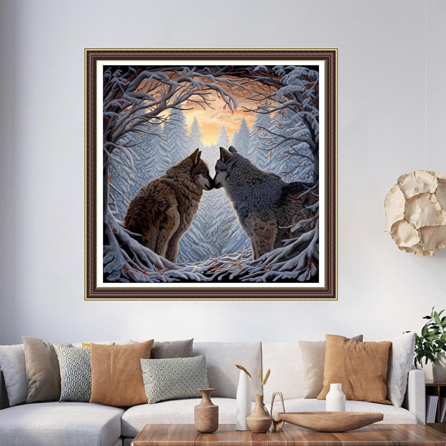 Foxhool Beginners Cross Stitch Kits Stamped Full Range of Embroidery Kits for Adults DIY Cross Stitches kit Embroidery Patterns for Needlepoint kit-Couple Wolf 17.7x17.7 inch