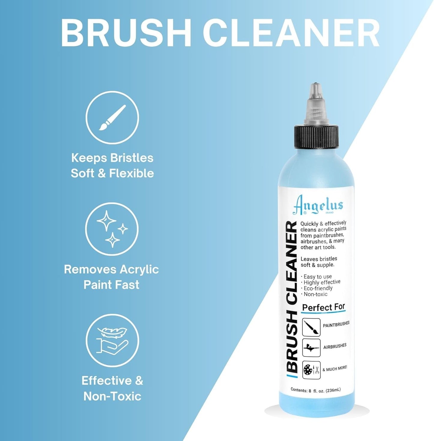 Angelus Brush Cleaner – Fast-Acting Cleaner for Brushes, Airbrushes & Art Tools – Effectively Removes Dried Acrylic, Oil, and Water-Based Paints, 8 ounces
