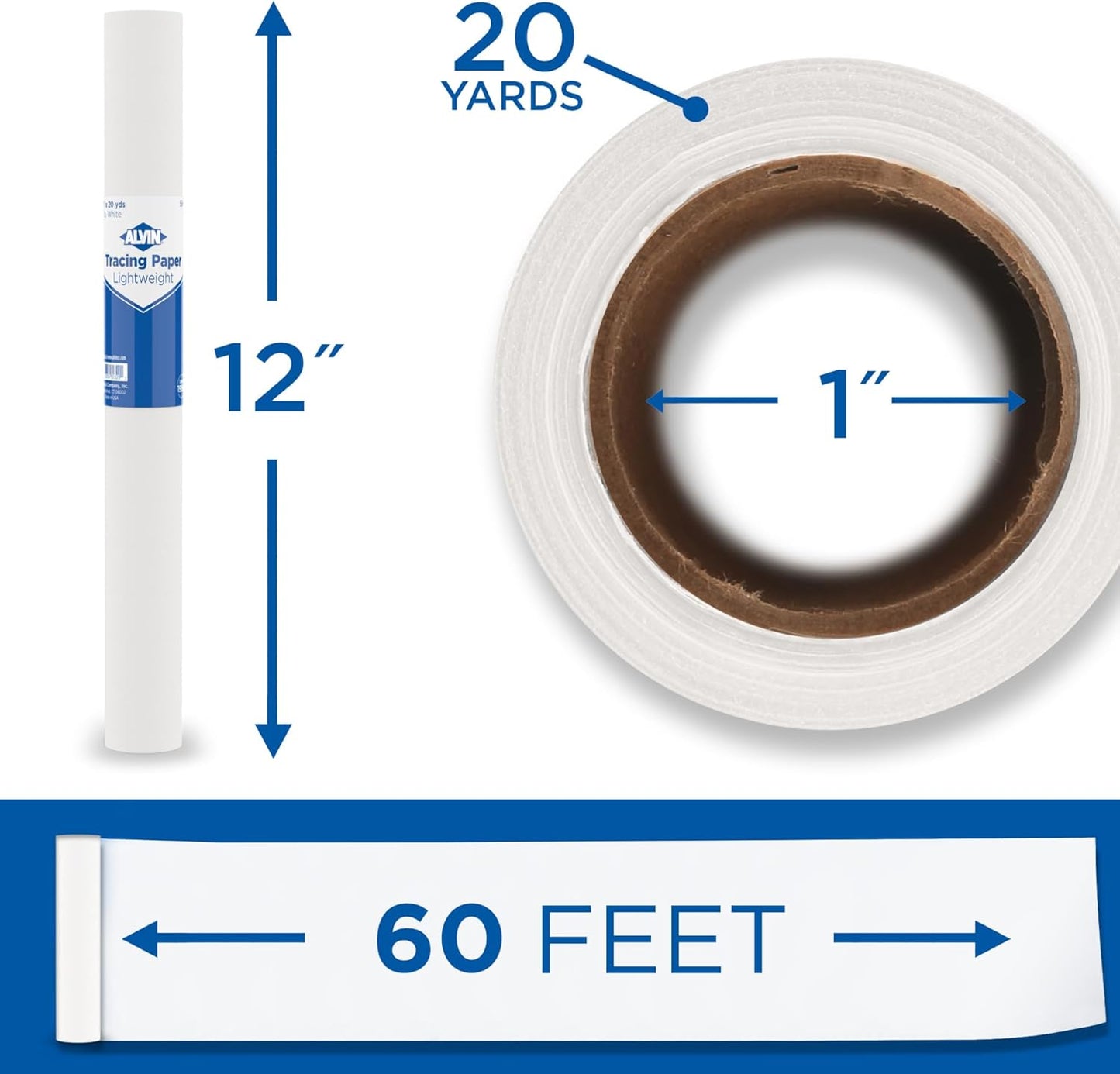 ALVIN 55W-A Lightweight Tracing Paper Roll, White, Suitable with Ink, Charcoal, Felt Tip Pen, for Sketching or Detailing - 12 Inches, 20 Yards, 1-inch Core
