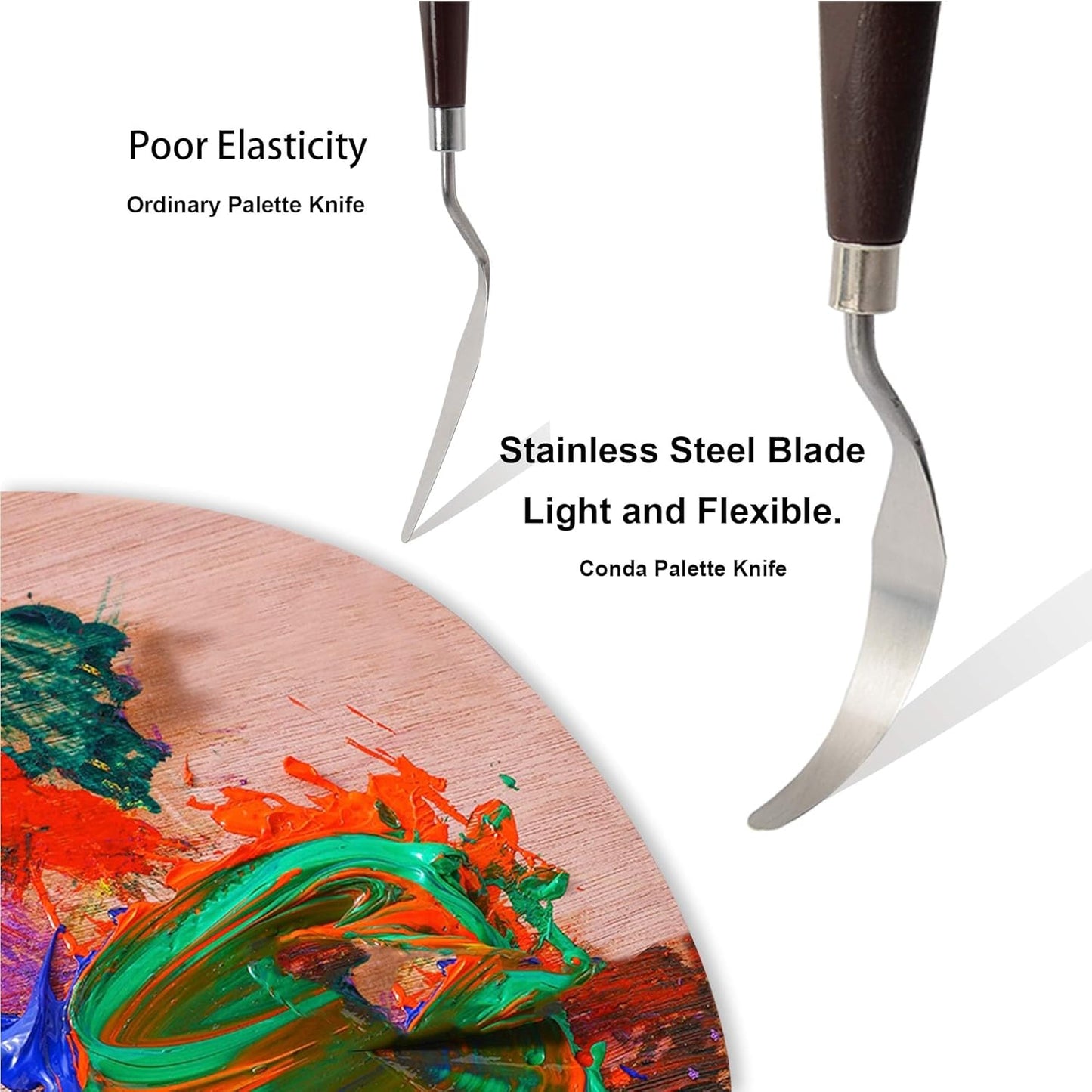 CONDA 5 Pcs Palette Knife Painting with 3 Plastic Scrapers, Stainless Steel Spatula Palette Knife Oil Paint Metal Knives Wood Handle