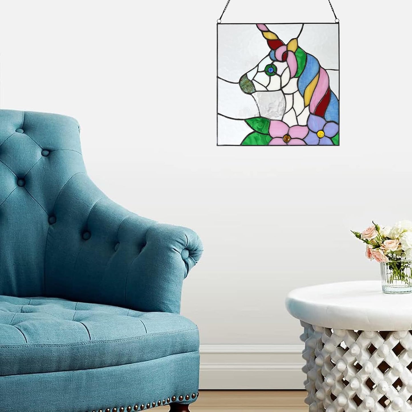 PA0003 Stained Glass Window Panel 12" Wx12 H Window Suncatcher Tiffany Style Window Hanging, Unicorn Home Hanging Decorations for Girls Kids Bedroom Birthday Party Decoration