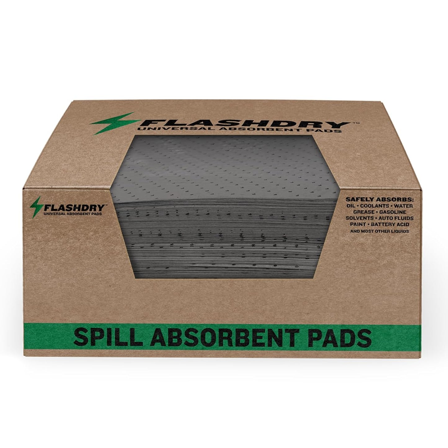 FlashDry - Universal Spill Absorbent Pads (100 Pads per Container) | 17.5” x 13.5” x 2mm Oil and All Purpose Premium Liquid Pads Packed in a Convenient Sturdy Dispensing Box (1)