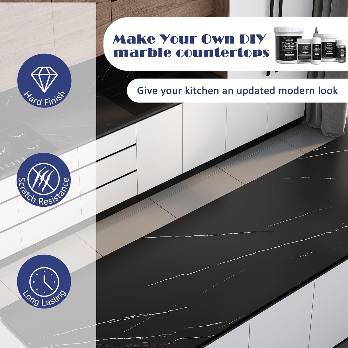 NADAMOO Black Marble Countertop Paint Kit for Kitchen Bathroom, Counter Top Refinishing Kit Cover Up to 35 SQ. FT.