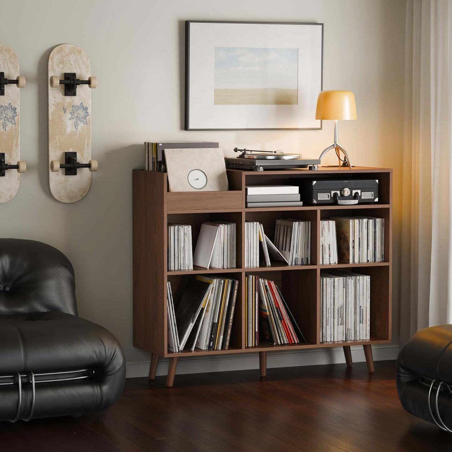 Cozy Castle Large Record Player Stand, Vinyl Storage Cabinet Mid Century Modern Turntable Stand Media Console Table Open Shelf Cube CD Album Holder Organizer for Living Room, Office, Brown