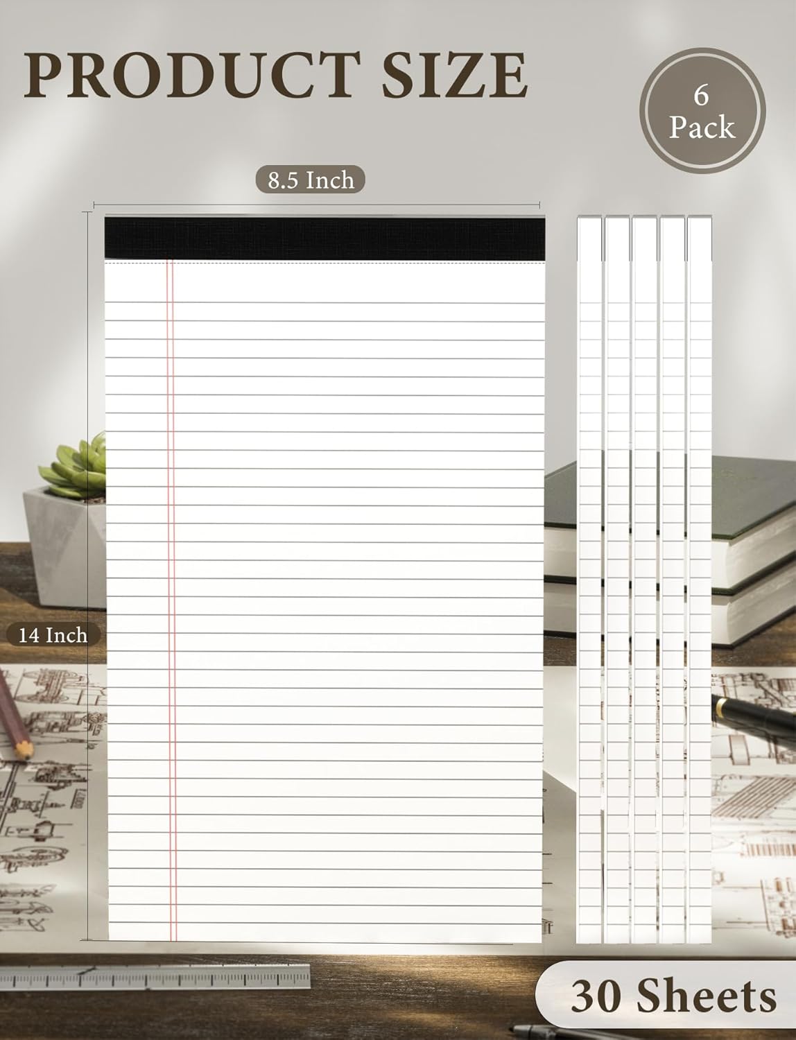 White Legal Pads 8.5 x 14, 6 Pack Wide Ruled Legal Notepads, White Note Pads 8.5 x 14 Writing Pads, Notebook Paper 8.5 x 14, Lined Tablets Notebook Pads of Paper, 70 GSM White Paper, 30 Sheets/Pad