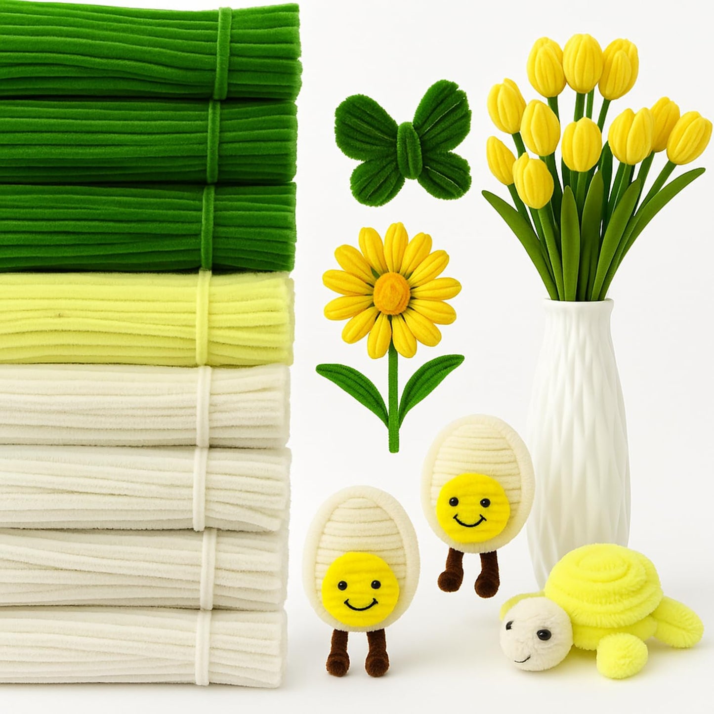 DaisyInner 700 Pcs Halloween Fall Pipe Cleaners Craft Bulk Pastel Chenille Stems Flower DIY Gradient Colored Fluffy for School Classroom Thanksgiving Christmas Party Supplies(White,Green)
