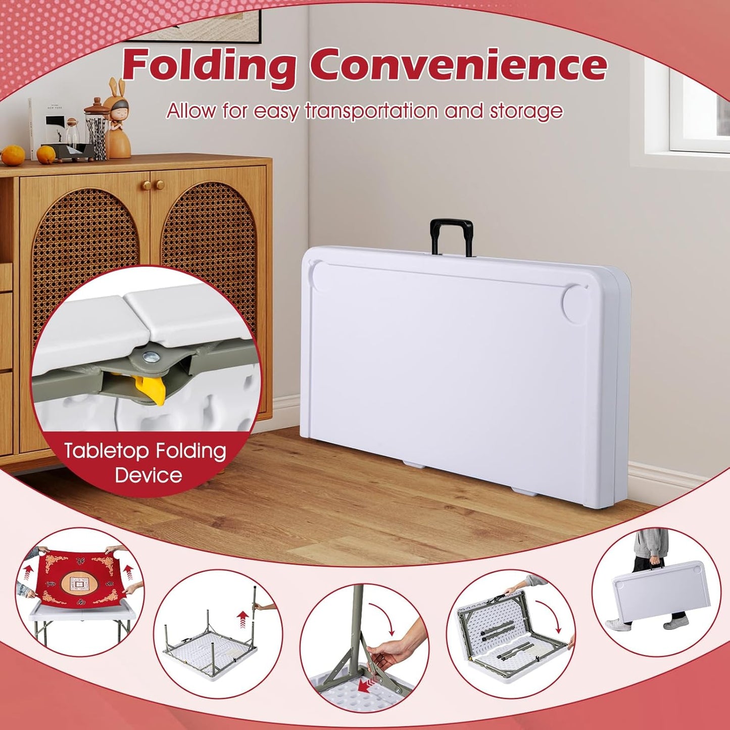 Giantex Folding Mahjong Table, 35" Square Card Table with Cup Holders, Removable Noise Reduction Mat, HDPE Tabletop, 4-Player Portable Domino Tables for Poker Blackjack Board Game (Red)