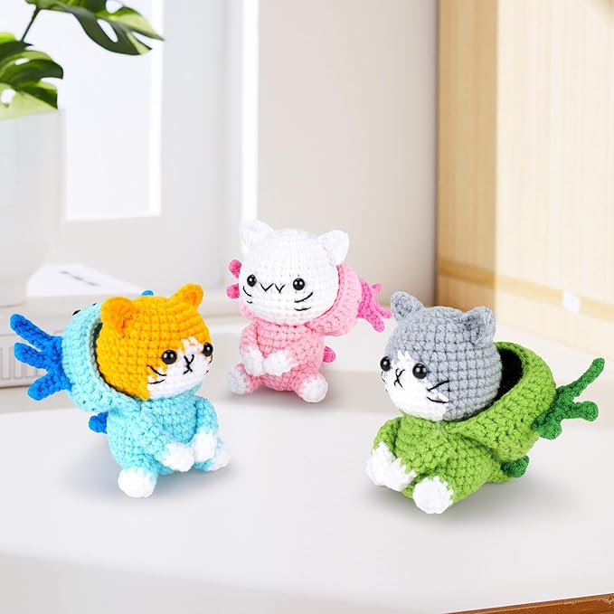 Fortuning's JDS Crochet Kit for Beginners - 3 PCS Axolotl Cat Crochet Kits with Step-by-Step Video Tutorials, Beginner Crochet Kit for Adults, Crochet Cat Dressed as Axolotl Set