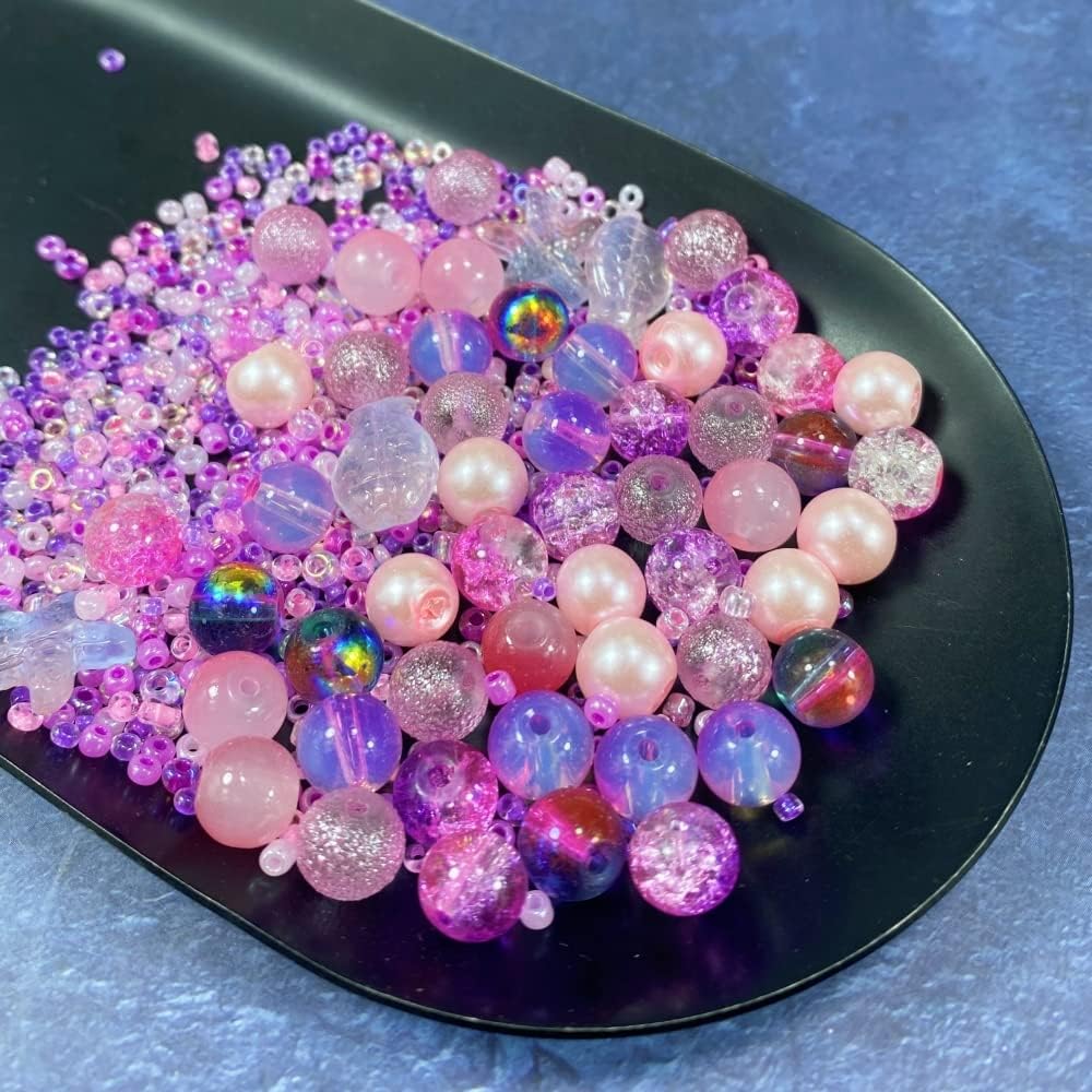 Assorted Glass Resin Beads Multi Size Colors Smooth Cracked Gravel Millet Spacer Beads for Bracelets Necklace Earring DIY Jewelry Making Craft(Sakura Pink Series)