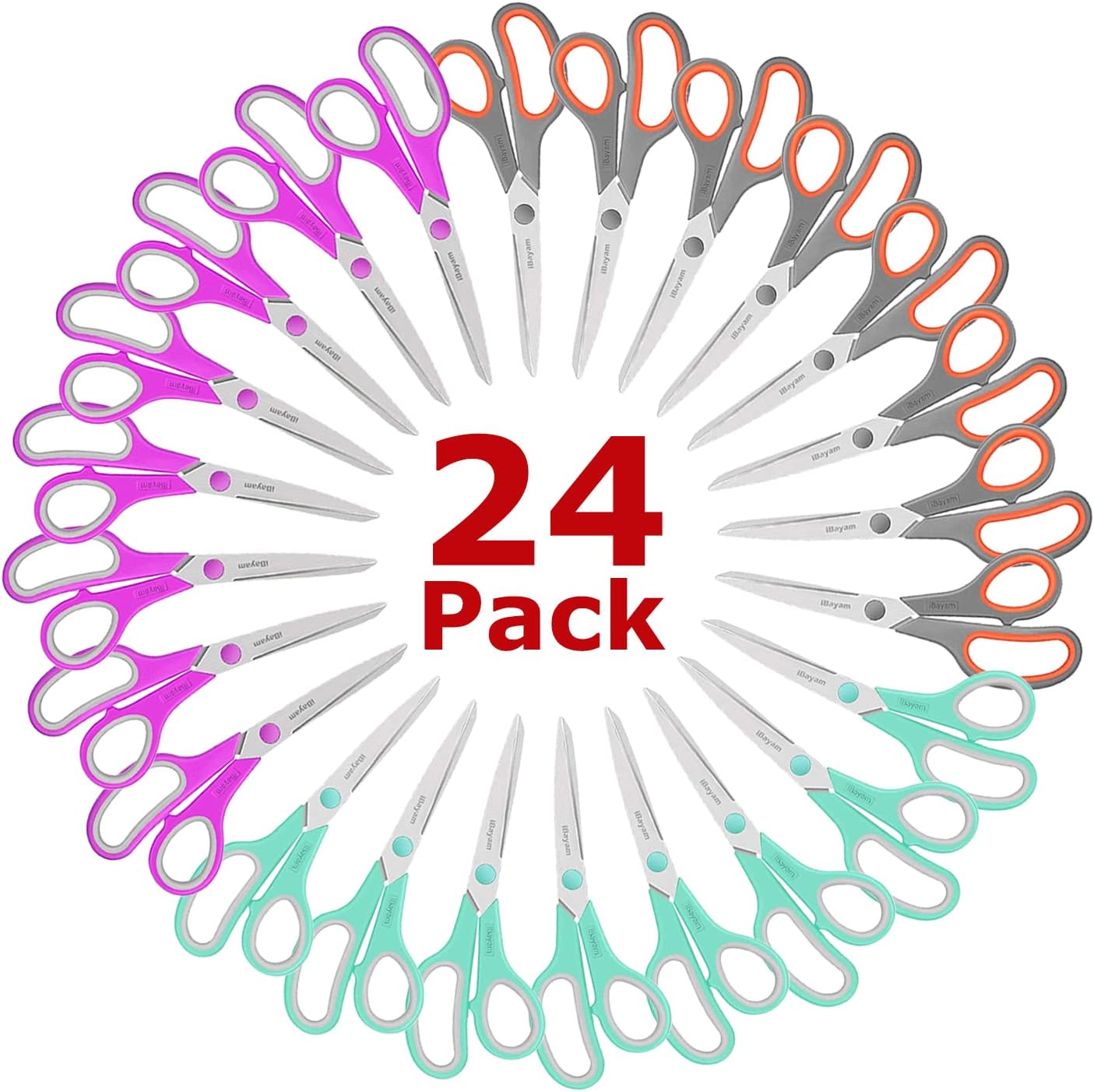 8 '' Multipurpose Heavy Duty Scissors Bulk 24-Pack, 2.5mm Thickness Ultra Sharp Blade Shears with Comfort-Grip Handles for Household School Office Supplies, Right/Left Hand Tools