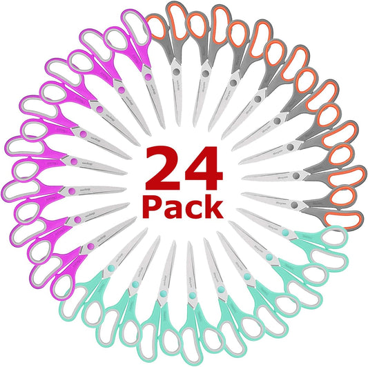 8 '' Multipurpose Heavy Duty Scissors Bulk 24-Pack, 2.5mm Thickness Ultra Sharp Blade Shears with Comfort-Grip Handles for Household School Office Supplies, Right/Left Hand Tools