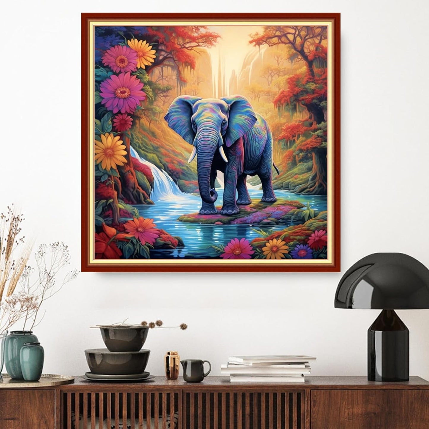 Dimxvean Cross Stitch Kit, Elephant Flowers 18x18 inch, 11CT, Multicolor, All Ages, Unisex, Modern, HD Preprint, Extra Lines Provided