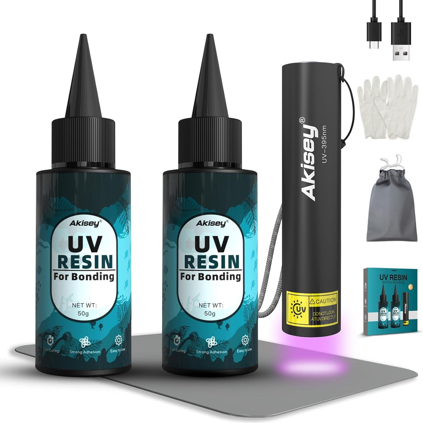 UV Resin Kit with Light, 100g UV Resin with Rechargeable 395NM UV Flashlight, Fast Curing in Seconds, UV Glue Adhesive for Bonding Jewelry, Plastic, Glass Repair, w/Mat, Gloves, Storage Bag