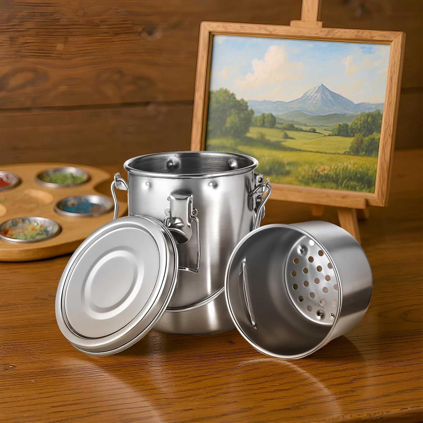 Portable Paint Brush Cleaner Leak-Proof Brush Cup Washer Large Airtight Stainless Steel Brushes Holder with Removable Filter and Lid for Oil Acrylic Watercolor Painting, 25 oz