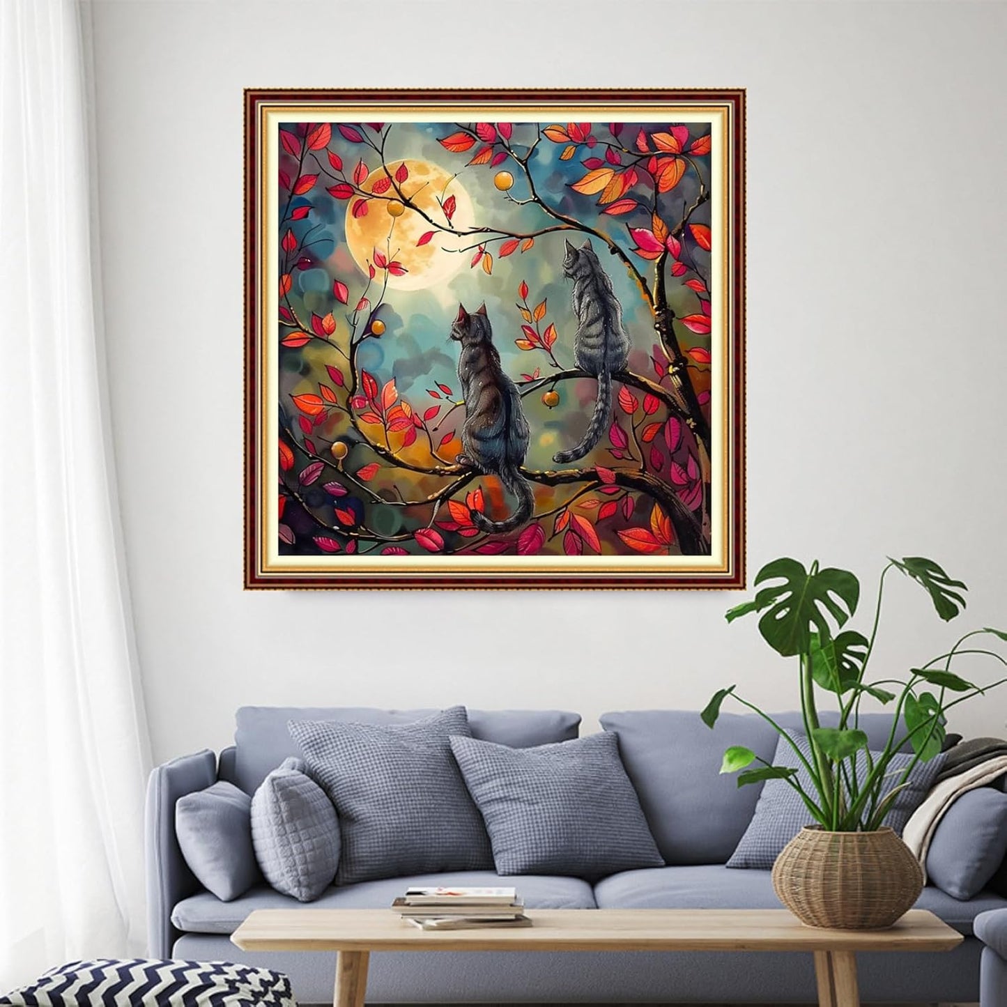 Funchey Stamped Cross Stitch Kits, DIY Cross Stitch Pattern for Adults Beginners Needlepoint Kits Embroidery Kit Arts and Crafts 11CT-Cats Admiring The Moon 18x18 inch