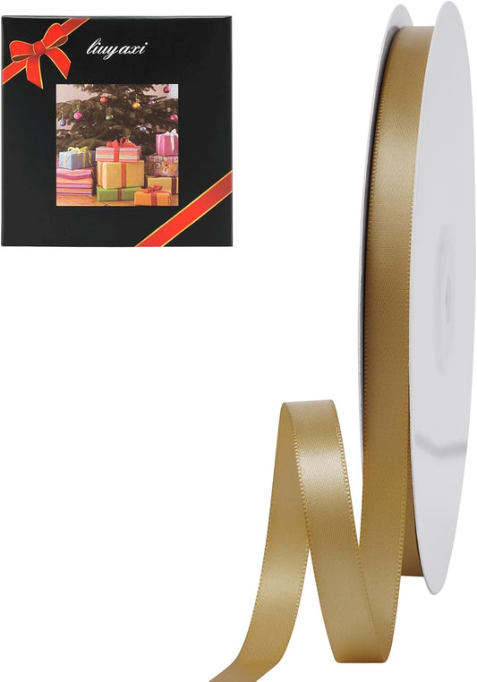 LIUYAXI Pale Gold Double Faced Satin Ribbon, 3/8" X Continuous 100 Yards, Ribbons Perfect for Gift Wrapping Bows Bouquet Wedding Decor DIY Craft and More