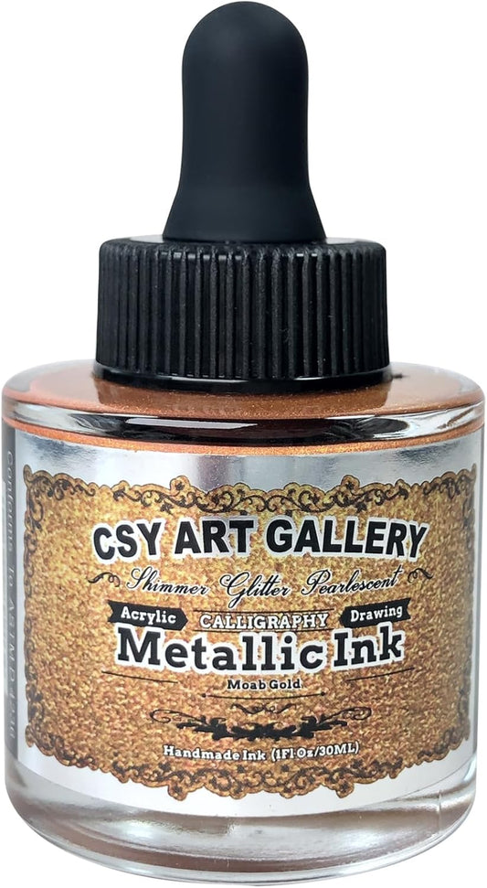 CSY Art Gallery Fast Drying Acrylic Metallic Finish Ink-Liquid Gold Leaf Paint-Calligraphy Inks for Metal, Wood, Plastic, Canvas (Moab Gold)