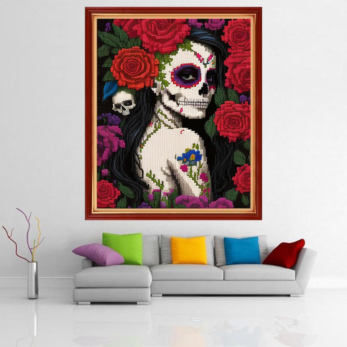 Dimensean Stamped Cross Stitch Kits Full Range of Embroidery Patterns Starter Kits for Beginners Adult or Kids DIY Cross Stitches Needlepoint Kit 11CT-Flower Skeleton Girl 16x20 inch