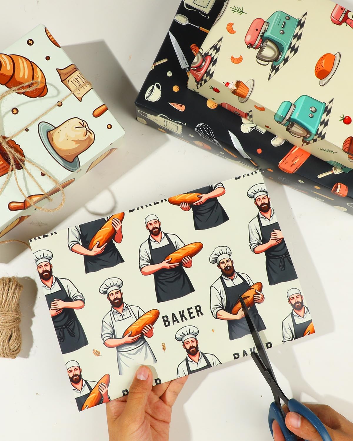 Pineraap 12 Sheets Baking Theme Wrapping Paper, Cute Baker Design Gift Wrap Paper with Croissant, Bread, Folded Flat Art Paper for Baking Lover, Baker, Birthday, DIY Crafts, 19.7 x 27.6 Inch