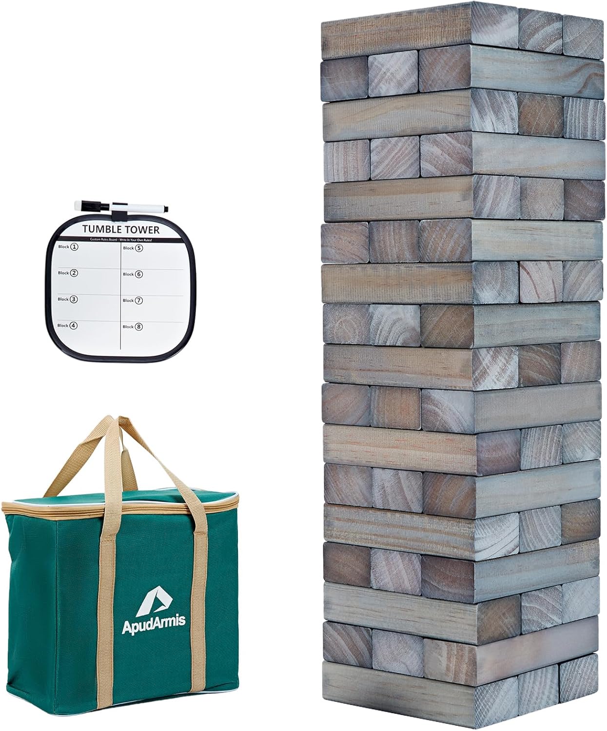 ApudArmis Giant Tumble Tower Stack to Over 5Ft, 60 PCS Pine Wooden Stacking Timber Game with 1 Dice Set - Classic Block Giant Outdoor Game (7.48 * 2.48 * 1.5 in Each Block, Gray)