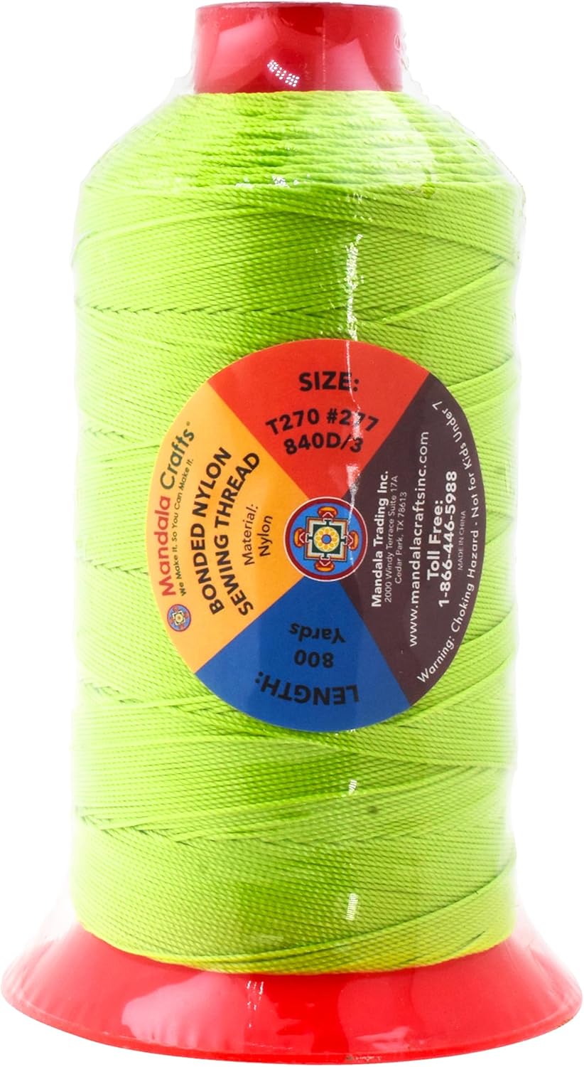 Mandala Crafts Bonded Nylon Thread - Lime Green Heavy Duty Sewing Threads - 800 YDs Size 277 840D T270 Tex 270 for Leather, Jeans, Weaving, Outdoor, Marine, Upholstery